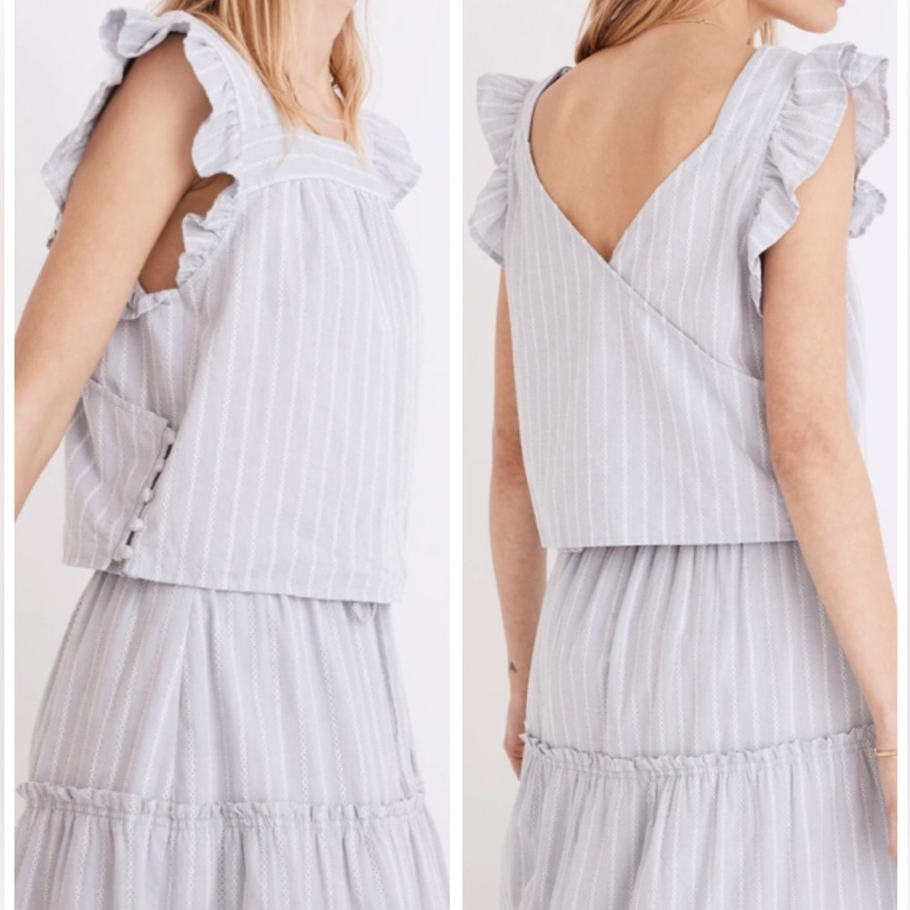 Madewell Striped cottagecore Flutter-Sleeve Cross-Back Top size XL